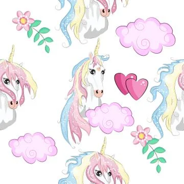 Pattern with cute unicorns, clouds,rainbow and stars. Magic background with l Stock Illustration