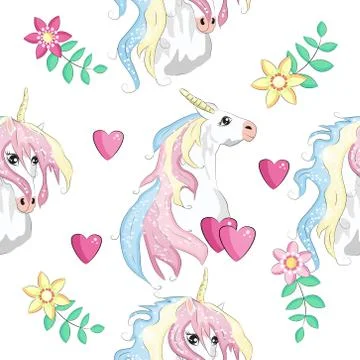 Pattern with cute unicorns, clouds,rainbow and stars. Magic background with l Stock Illustration