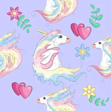 Pattern with cute unicorns, clouds,rainbow and stars. Magic background with l Stock Illustration