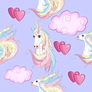 Pattern with cute unicorns, clouds,rainbow and stars. Magic background with l Stock Illustration