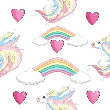 Pattern with cute unicorns, clouds,rainbow and stars. Magic background with l Stock Illustration
