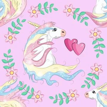 Pattern with cute unicorns, clouds,rainbow and stars. Magic background with l Stock Illustration
