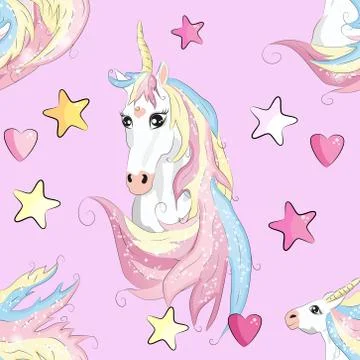 Pattern with cute unicorns, clouds,rainbow and stars. Magic background with l 스톡 일러스트