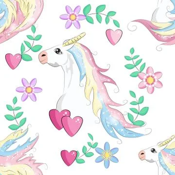 Pattern with cute unicorns, clouds,rainbow and stars. Magic background with l Stock Illustration