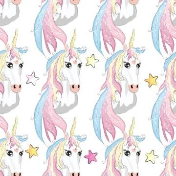 Pattern with cute unicorns, clouds,rainbow and stars. Magic background with l Stock Illustration