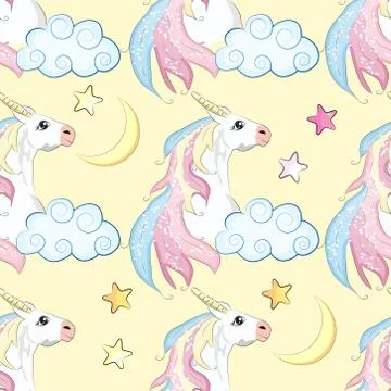Pattern with cute unicorns, clouds,rainbow and stars. Magic background with l Stock Illustration