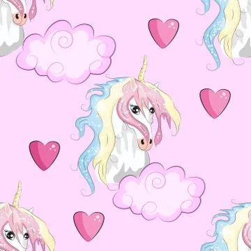 Pattern with cute unicorns, clouds,rainbow and stars. Magic background with l Stock Illustration