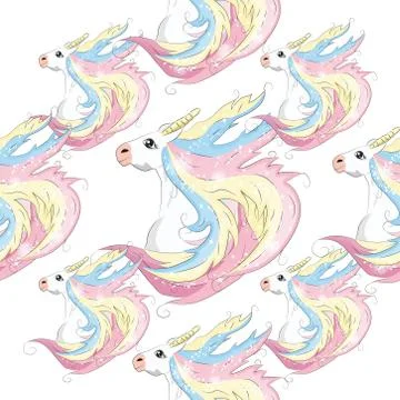 Pattern with cute unicorns, clouds,rainbow and stars. Magic background with l Stock Illustration