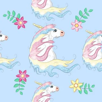 Pattern with cute unicorns, clouds,rainbow and stars. Magic background with l Stock Illustration