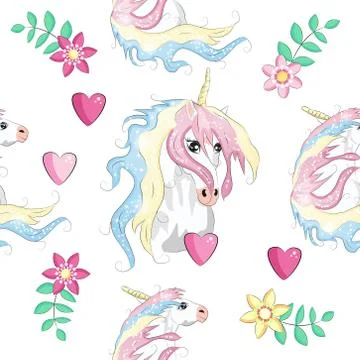Pattern with cute unicorns, clouds,rainbow and stars. Magic background with l Stock Illustration
