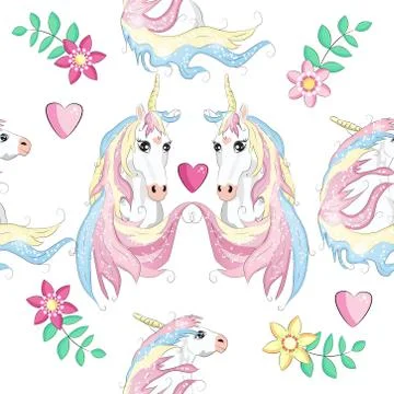 Pattern with cute unicorns, clouds,rainbow and stars. Magic background with l Stock Illustration