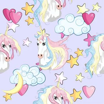 Pattern with cute unicorns, clouds,rainbow and stars. Magic background with l Stock Illustration