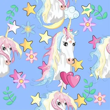 Pattern with cute unicorns, clouds,rainbow and stars. Magic background with l Stock Illustration