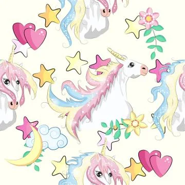 Pattern with cute unicorns, clouds,rainbow and stars. Magic background with l Stock Illustration