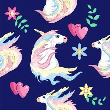 Pattern with cute unicorns, clouds,rainbow and stars. Magic background with l Stock Illustration