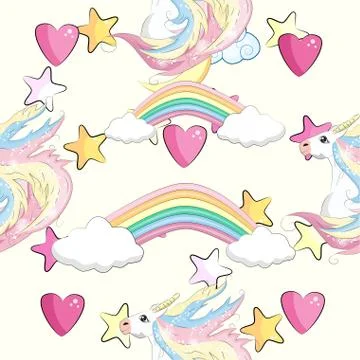 Pattern with cute unicorns, clouds,rainbow and stars. Magic background with l 스톡 일러스트