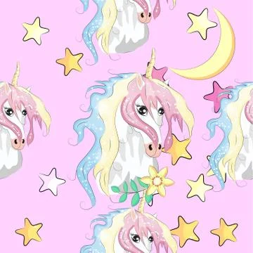Pattern with cute unicorns, clouds,rainbow and stars. Magic background with l Stock Illustration