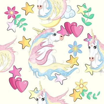 Pattern with cute unicorns, clouds,rainbow and stars. Magic background with l Stock Illustration