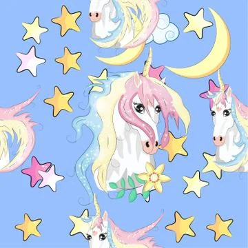 Pattern with cute unicorns, clouds,rainbow and stars. Magic background with l Stock Illustration