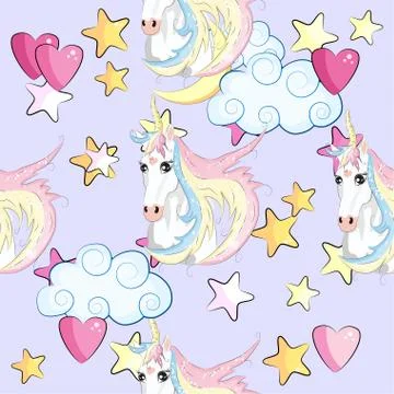 Pattern with cute unicorns, clouds,rainbow and stars. Magic background with l Stock Illustration