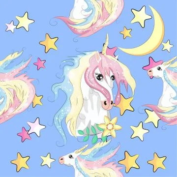 Pattern with cute unicorns, clouds,rainbow and stars. Magic background with l Stock Illustration