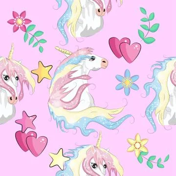 Pattern with cute unicorns, clouds,rainbow and stars. Magic background with l Stock Illustration