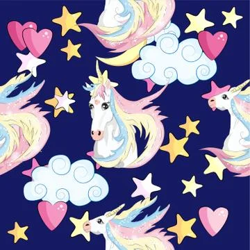 Pattern with cute unicorns, clouds,rainbow and stars. Magic background with l Stock Illustration