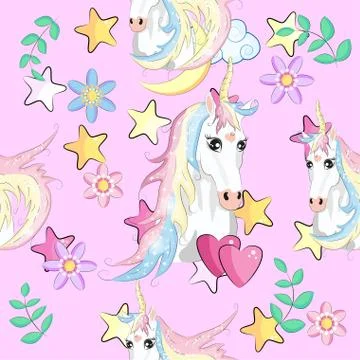 Pattern with cute unicorns, clouds,rainbow and stars. Magic background with l Illustrazione stock