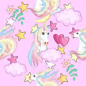 Pattern with cute unicorns, clouds,rainbow and stars. Magic background with l Stock Illustration