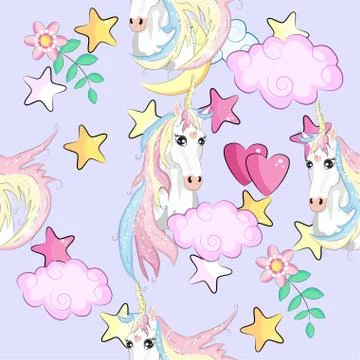 Pattern with cute unicorns, clouds,rainbow and stars. Magic background with l Stock Illustration