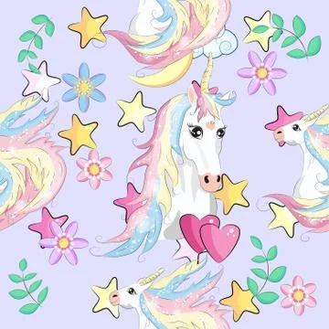 Pattern with cute unicorns, clouds,rainbow and stars. Magic background with l Stock Illustration