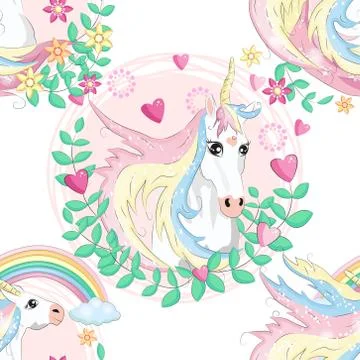 Pattern with cute unicorns, clouds,rainbow and stars. Magic background with l Stock Illustration