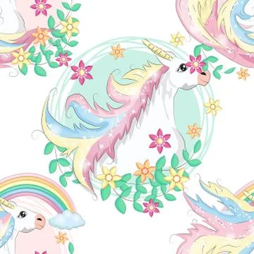 Pattern with cute unicorns, clouds,rainbow and stars. Magic background with l Stock Illustration