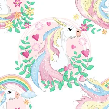 Pattern with cute unicorns, clouds,rainbow and stars. Magic background with l Stock Illustration