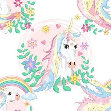 Pattern with cute unicorns, clouds,rainbow and stars. Magic background with l 스톡 일러스트