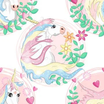 Pattern with cute unicorns, clouds,rainbow and stars. Magic background with l Stock Illustration