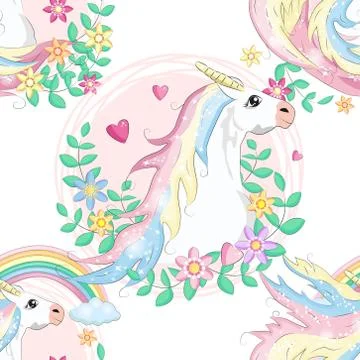 Pattern with cute unicorns, clouds,rainbow and stars. Magic background with l Stock Illustration