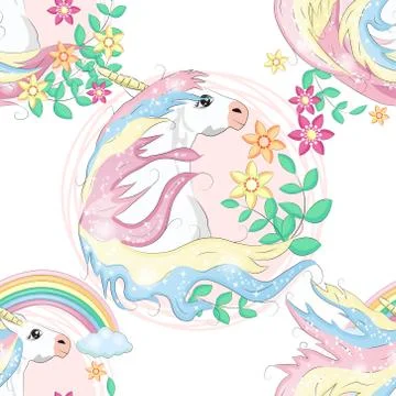 Pattern with cute unicorns, clouds,rainbow and stars. Magic background with l Stock Illustration