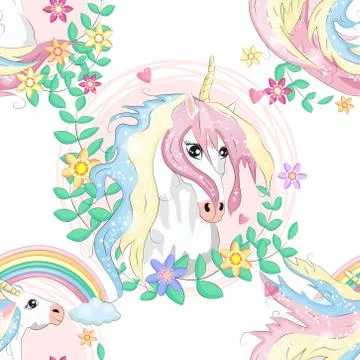 Pattern with cute unicorns, clouds,rainbow and stars. Magic background with l Stock Illustration