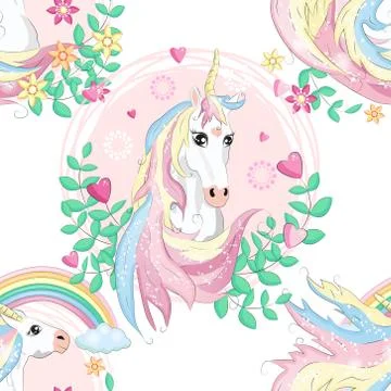Pattern with cute unicorns, clouds,rainbow and stars. Magic background with l Stock Illustration