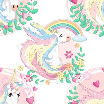 Pattern with cute unicorns, clouds,rainbow and stars. Magic background with l Stock Illustration