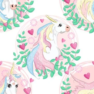 Pattern with cute unicorns, clouds,rainbow and stars. Magic background with l Stock Illustration