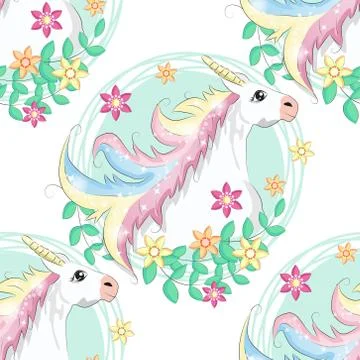 Pattern with cute unicorns, clouds,rainbow and stars. Magic background with l Stock Illustration