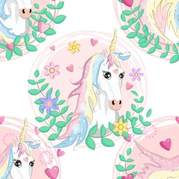 Pattern with cute unicorns, clouds,rainbow and stars. Magic background with l Stock Illustration