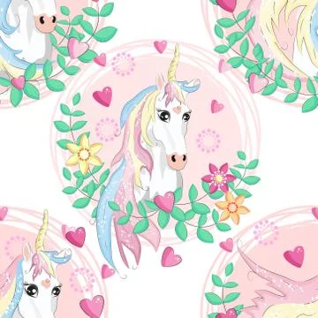 Pattern with cute unicorns, clouds,rainbow and stars. Magic background with l 스톡 일러스트