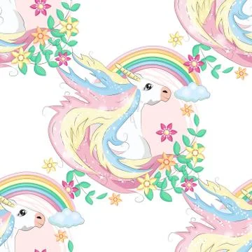Pattern with cute unicorns, clouds,rainbow and stars. Magic background with l 스톡 일러스트