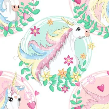 Pattern with cute unicorns, clouds,rainbow and stars. Magic background with l 스톡 일러스트