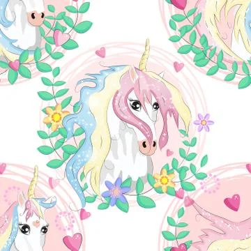 Pattern with cute unicorns, clouds,rainbow and stars. Magic background with l Illustrazione stock