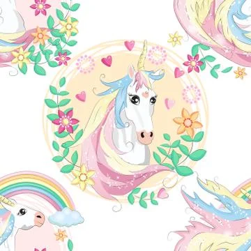 Pattern with cute unicorns, clouds,rainbow and stars. Magic background with l Stock Illustration