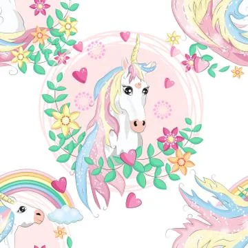 Pattern with cute unicorns, clouds,rainbow and stars. Magic background with l Stock Illustration